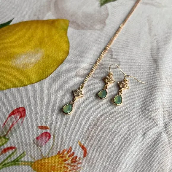 Chalcedony Opal Mint Sea Green Diamond Square Drop Art Deco Romantic Jewelry Set - Picture 2 of 6